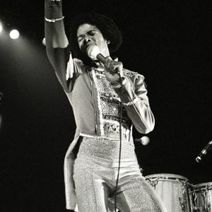 Michael Jackson performs on stage with The Jacksons on the Destiny World Tour in Amsterdam, The Netherlands in February 1979.