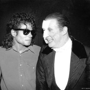 Michael Jackson and Michael Crawford backstage at Phantom of The Opera on Broadway March 1988